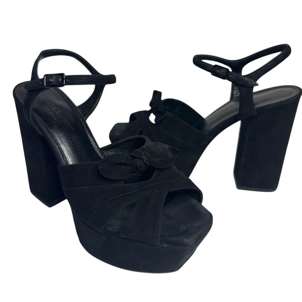 Saint Laurent Paris Candy Bow Black Suede Platform Sandals IT 38 US 8 Authentic - Picture 5 of 15